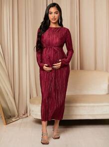 MaterniChic Maternity Solid Belted Dress With Long Sleeve