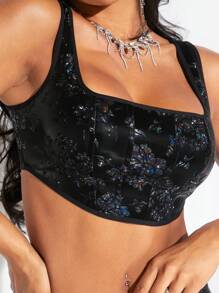 SHEIN SXY Top De Cultivo Sin Mangas Con Estampado Floral - Negro - Ver 2