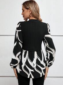 SHEIN Clasi In Đồ họa Tay áo lồng đèn Áo Peplum - màu đen - Xem 2