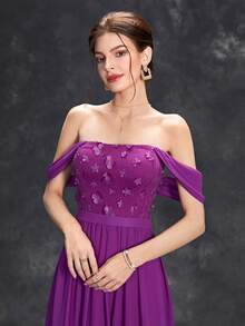 Off Shoulder Draped Back Chiffon Bridesmaid Dress - Red Violet - View 6