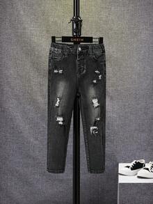 SHEIN Young Boy Distressed Denim Pants - Black - View 5