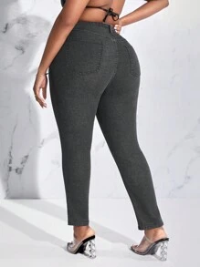 SHEIN SXY 大碼下擺開叉緊身牛仔褲 - 黑色 - 查看 2