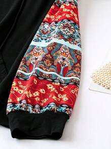 SHEIN LUNE Plus Size Contrast Floral Print Raglan Sleeve Drawstring Sweatshirt - Multicolor - View 3