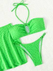 SHEIN Swim Conjunto de Maiô Bikini com Alça Cruzada e Textura para o Verão - Verde - Visão 7