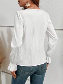 SHEIN VCAY Guipure Lace Trim Flare Sleeve Button Front Blouse - White - View 2
