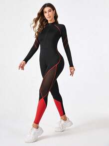 Easithlete Contrast Mesh Insert Top-stitching Zipper Front Sports Jumpsuit - Multicolor - View 2