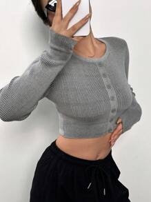 SHEIN EZwear Đồ đan Ribbed Nút phía trước Cắt sửa áo lông cừu - Xám - Xem 4