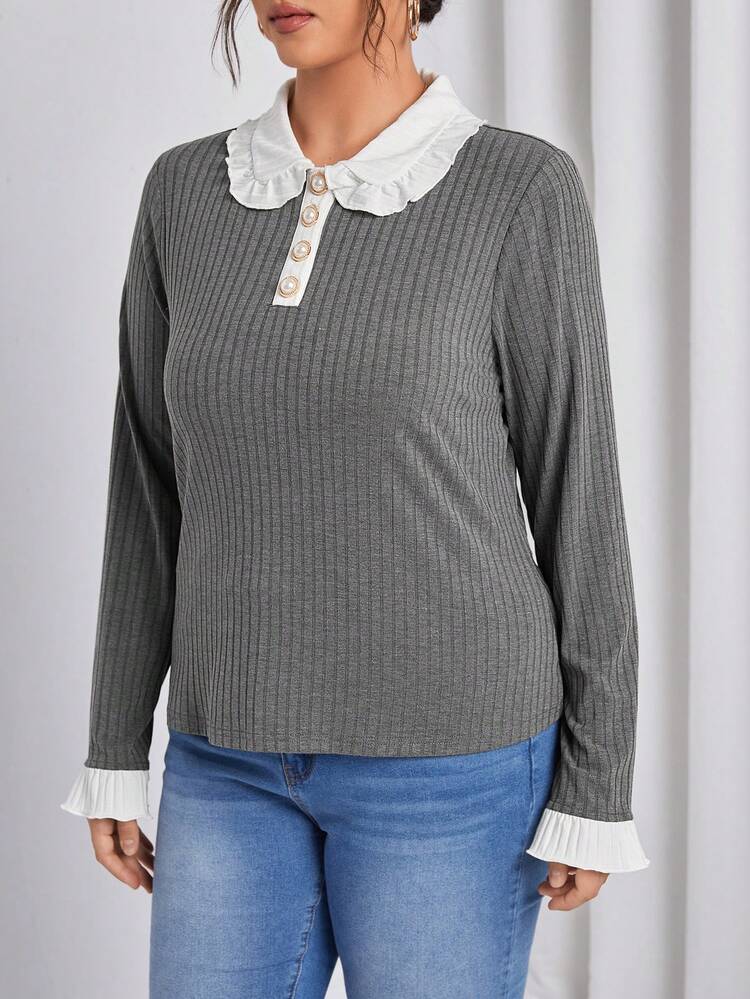 Plus Contrast Collar Button Front Flare Sleeve Tee