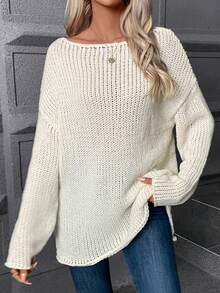 SHEIN Essnce Cổ thuyền Thả vai Áo len - trắng - Xem 6