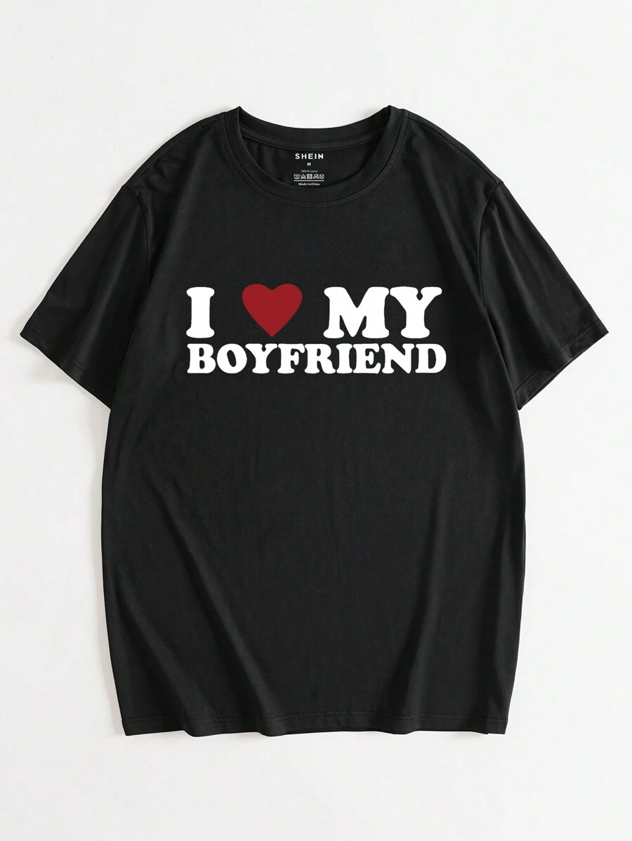 Manfinity Dauomo Men I Love My Boyfriend Slogan Graphic Tee - Black - View 1