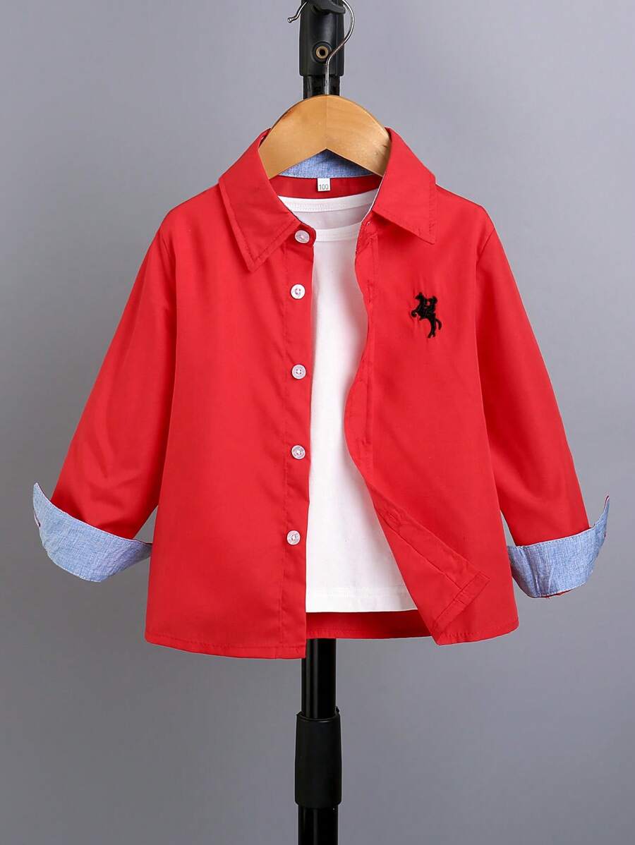 Young Boy Embroidery Button Front Shirt Without Tee - Red - View 1