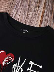SHEIN EZwear 大碼心和骷髏手指圖案T恤 - 黑色 - 查看 3