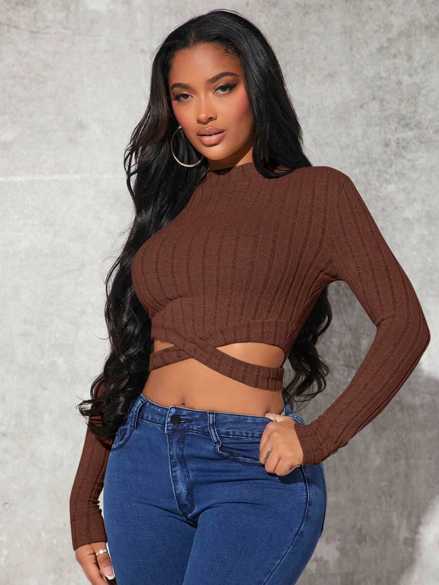 SHEIN SXY Crisscross Cut Out Hem Crop Tee - Chocolate Brown - View 1