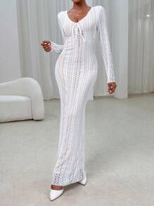 SHEIN Privé Tie Front Mermaid Hem Dress - White - View 2