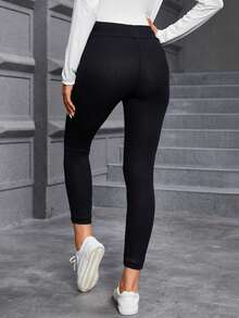 SHEIN LUNE Drawstring Waist Thermal Lined Ribbed Knit Leggings - Black - View 2