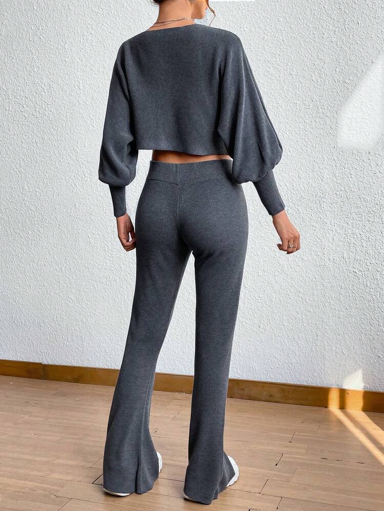Lantern Sleeve Crop Sweater & Flare Leg Knit Pants Fall Cloth For Women