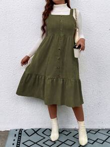 Flirla Hơn Nút phía trước Xù Hoa Sen Vải to sợi Đầm Tổng thể Không có áo len - xanh quân đội - Xem 1