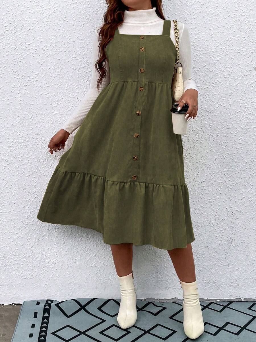 Flirla Hơn Nút phía trước Xù Hoa Sen Vải to sợi Đầm Tổng thể Không có áo len - xanh quân đội - Xem 1