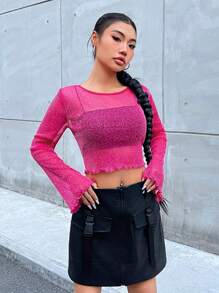 SHEIN EZwear Ren Mộc nhĩ Mùa vụ Long lanh Lưới Áo Không có áo ngực - Màu Hồng Tươi - Xem 3