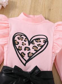 SHEIN 少女心印花荷葉邊t恤上衣&腰帶pu皮裙 - 藕粉色 - 查看 4