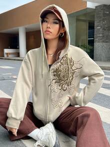 SHEIN EZwear In Đồ họa Dây kéo Thả vai Dây rút Lót nhiệt Hoodie - Màu Khaki - Xem 5