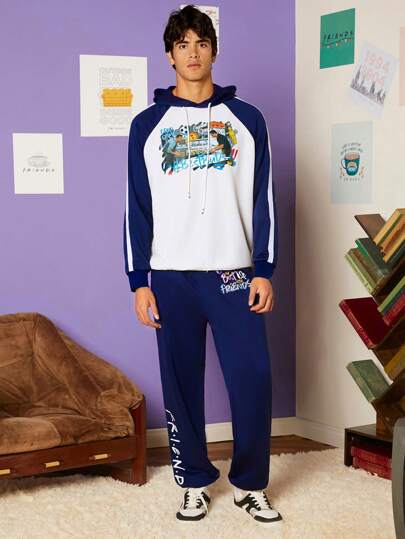 FRIENDS X SHEIN 男士字母圖案插肩袖抽繩連帽衫和運動褲