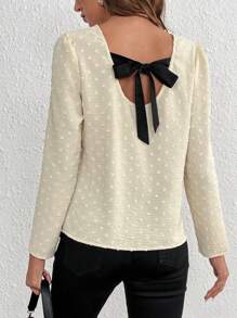 SHEIN LUNE 圓點後綁帶襯衫 - 卡其色 - 查看 1