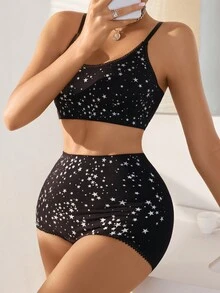 SHEIN Set de lencería con estampado de galaxia - Negro - Ver 5