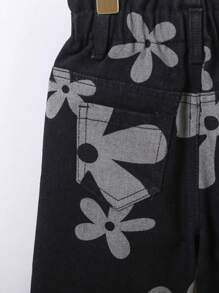 Baby Girls Cute Summer Holiday Floral Prints Paperback Waist Relax Wide Leg Jeans, Daily Fashion - Black - View 8