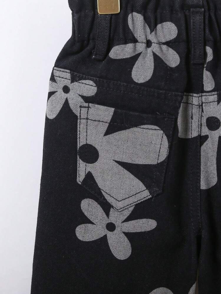 Baby Girls Cute Summer Holiday Floral Prints Paperback Waist Relax Wide Leg Jeans, Daily Fashion