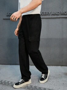 GENTILAND 宽松男式翻盖口袋侧边工装牛仔裤 - 黑色 - 查看 3