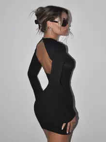 SHEIN ICON 小高領嵌入網紗緊身連衣裙 - 黑色 - 查看 4