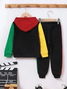 男小童刺繡字母圖案撞色連帽衫&腰部抽繩衛褲 - 黑色 - 查看 2