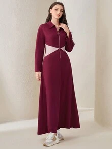 Mulvari 女用撞色拉鍊前門襟連身裙 - 紅色 - 查看 5