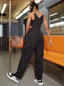 街寬鬆前繫帶工裝背帶連身褲不附抹胸 - 黑色 - 查看 2