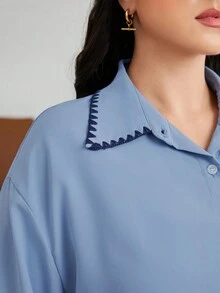 Mulvari 大碼拼接邊口袋貼布落肩袖襯衫 - 藍色 - 查看 6