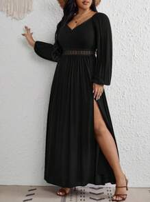 SHEIN VCAY 大碼水溶蕾絲拼接燈籠袖高衩洋裝 - 黑色 - 查看 4