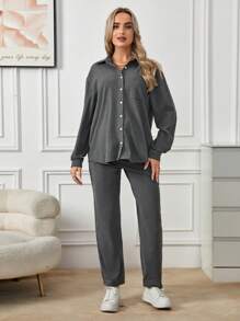 SHEIN Maternity Drop Shoulder Shirt & Adjustable Waist Pants - Dark Grey - View 1