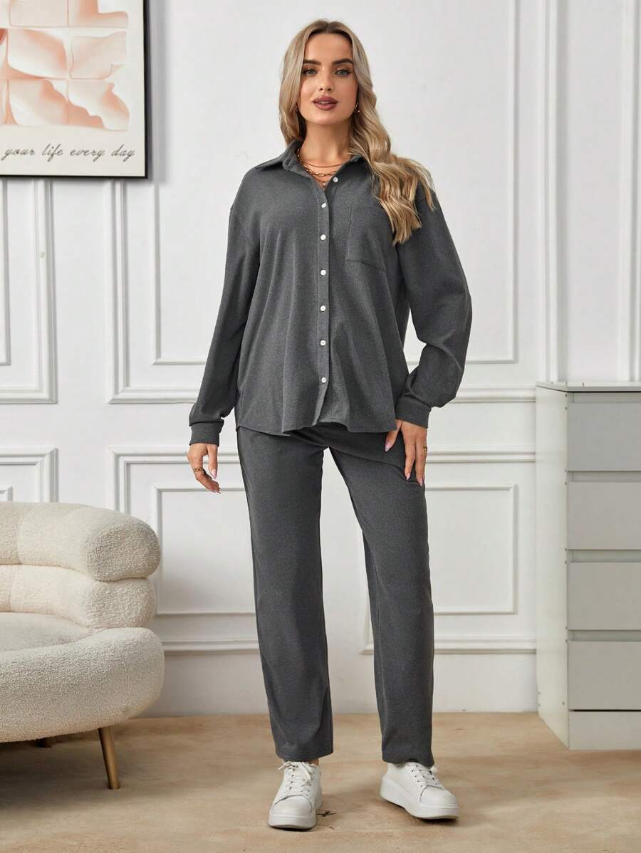 SHEIN Maternity Drop Shoulder Shirt & Adjustable Waist Pants - Dark Grey - View 1