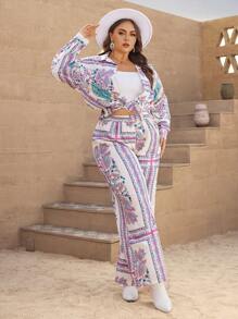 SHEIN VCAY Plus Paisley Print Drop Shoulder Shirt & Wide Leg Pants - Multicolor - View 3