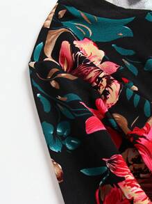 Plus Floral Print Drawstring Waist Curved Hem Coat - Black - View 4