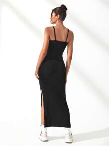 Lifespree Solid Split Thigh Active Cami Dress - Black - View 3