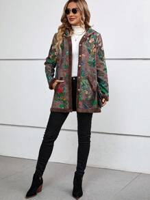 EMERY ROSE Abrigo con capucha con estampado floral ribete en contraste - Café integral - Ver 5