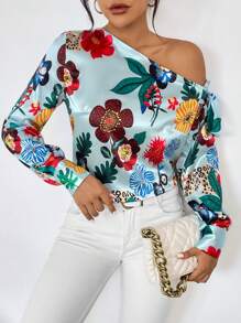 SHEIN Clasi Blusa con estampado floral de cuello asimétrico con nudo lateral - Azul - Ver 5