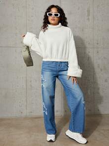 SHEIN Teen Girl Mock Neck Drop Shoulder Teddy Pullover - White - View 6