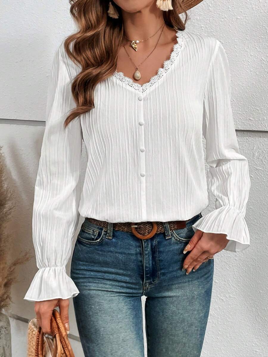 SHEIN VCAY Guipure Lace Trim Flare Sleeve Button Front Blouse - White - View 1