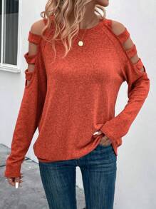 SHEIN LUNE 鏤空插肩袖T恤 - 紅色 - 查看 1