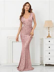 网眼镶饰美人鱼下摆亮片舞会礼服优雅正式晚间婚礼宾客礼服，适合毕业典礼、晚宴派对礼服 - 藕粉色 - 查看 1
