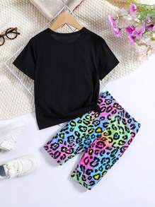 SHEIN Cô Gái Trẻ Đồ họa Chữ cái Áo thun & In hoa Báo Quần short đi xe - màu đen - Xem 2