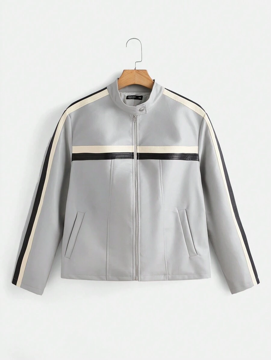 SHEIN EZwear 大碼織帶拼接拉鏈開襟PU皮革夾克 - 彩色 - 查看 1